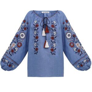 NWT Ukrainian Etnodim Blue Embroidered Shirt with Floral Ornament Fialka XS